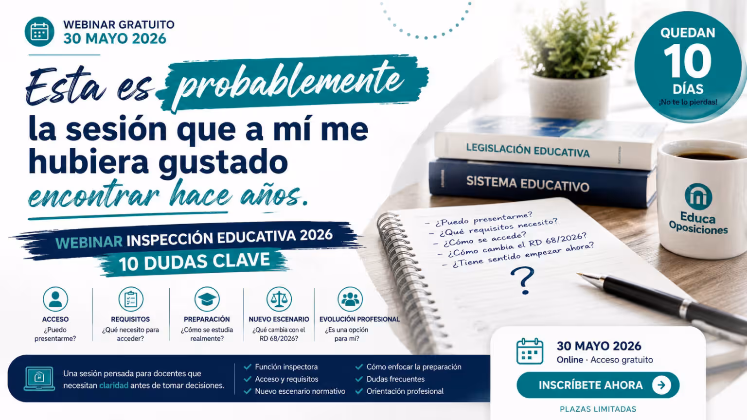 Webinar Inspección Educativa 2026 EducaOposiciones · 10 dudas clave antes del 30 de mayo